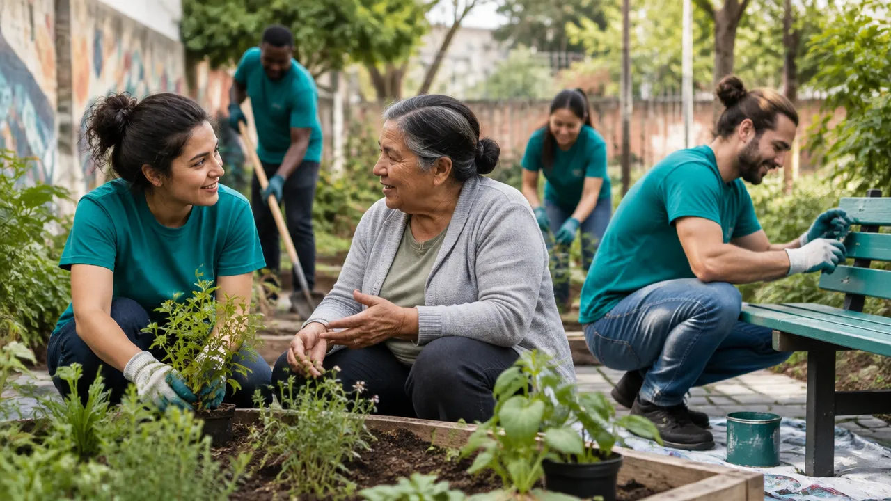 Empleados y miembros de una comunidad trabajan juntos para mejorar un espacio público