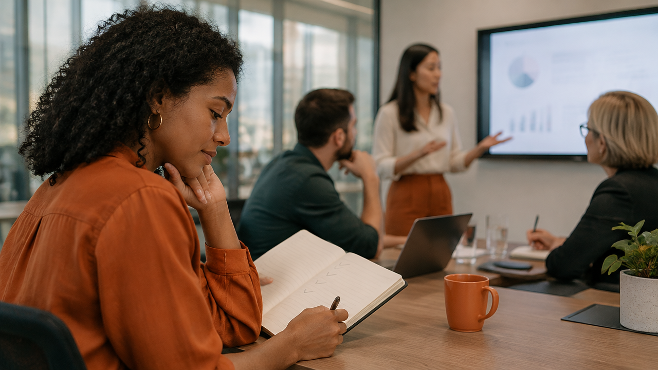 Employee quietly tracking meeting participation patterns while colleagues collaborate in the background