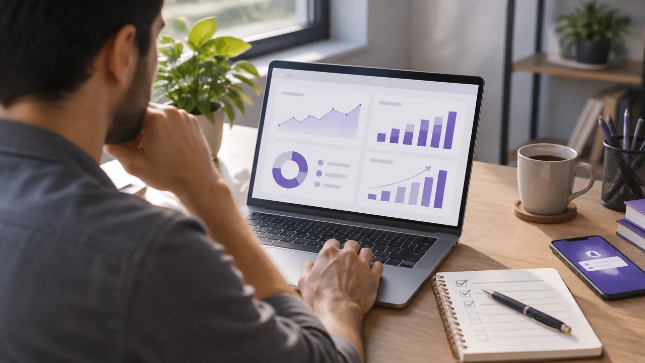 Empreendedor acompanhando cliques, leads e conversões em um painel de marketing