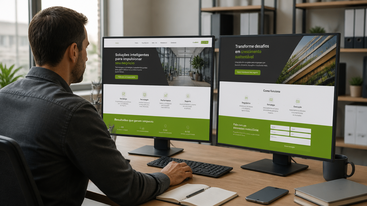 Empreendedor analisando lado a lado um site institucional e uma landing page em telas de computador