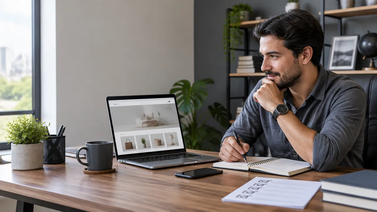 Empreendedor avaliando uma plataforma de e-commerce no notebook com um checklist de critérios ao lado