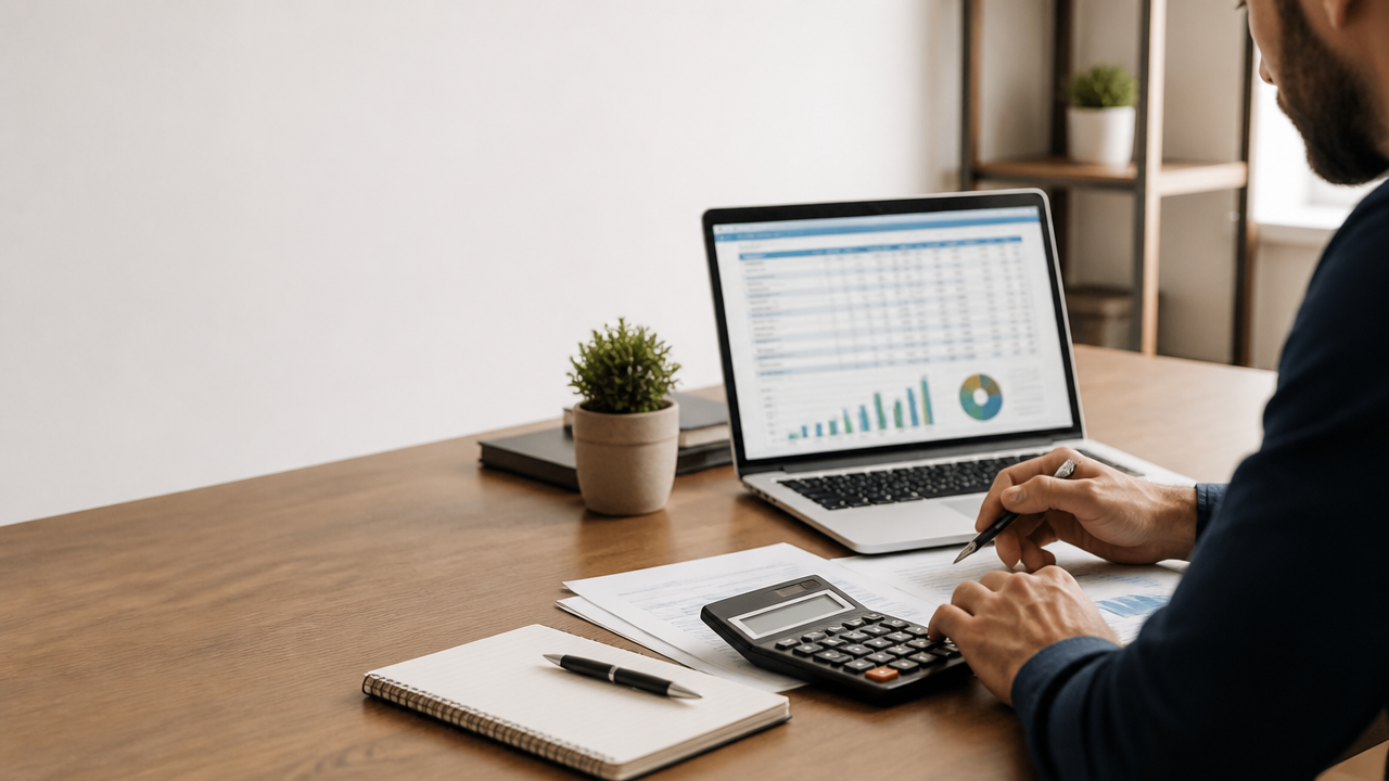 Empreendedor calculando pró-labore em mesa com notebook, calculadora e planilha financeira
