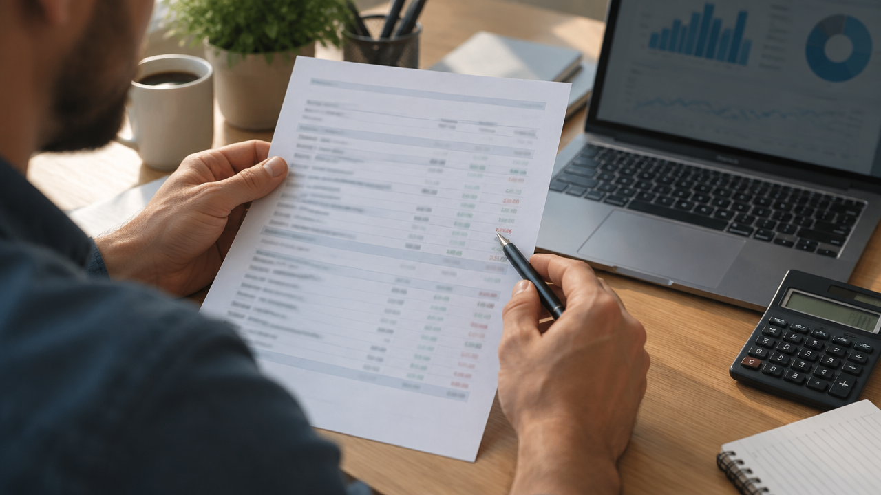 Empreendedor conferindo créditos e débitos em um extrato bancário impresso