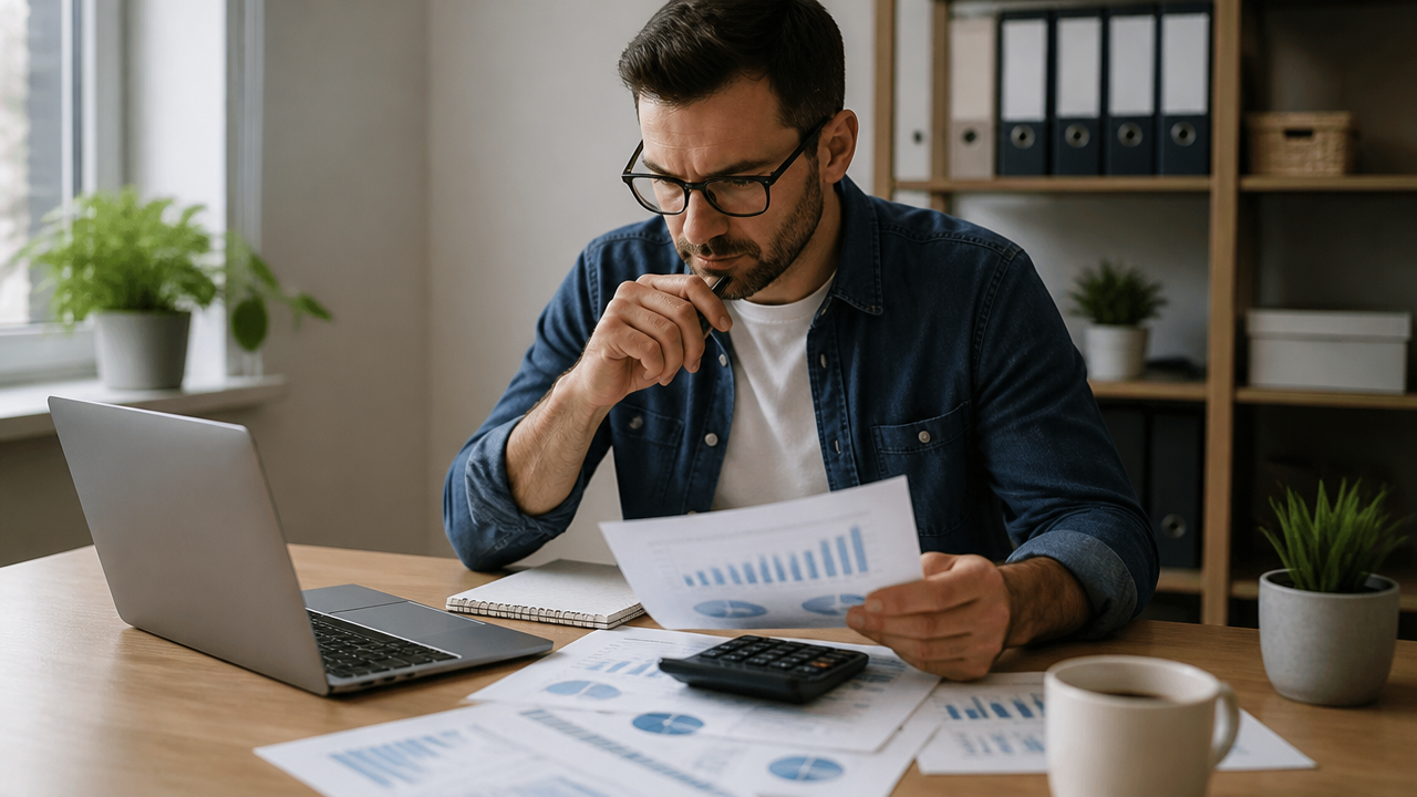 Empreendedor individual organizando retiradas e finanças do MEI em um escritório