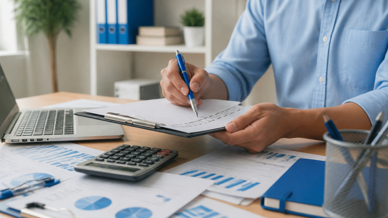 Empreendedor revisando checklist tributário com notebook e calculadora sobre a mesa