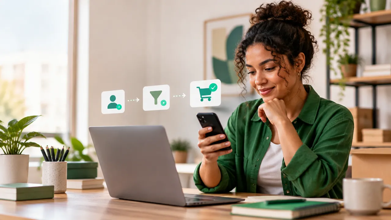 Empreendedora acompanhando conversas de venda e etapas automatizadas em um smartphone e notebook