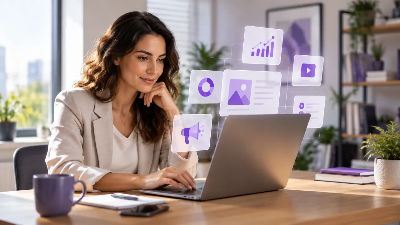 Empreendedora analisando anúncios digitais em um laptop