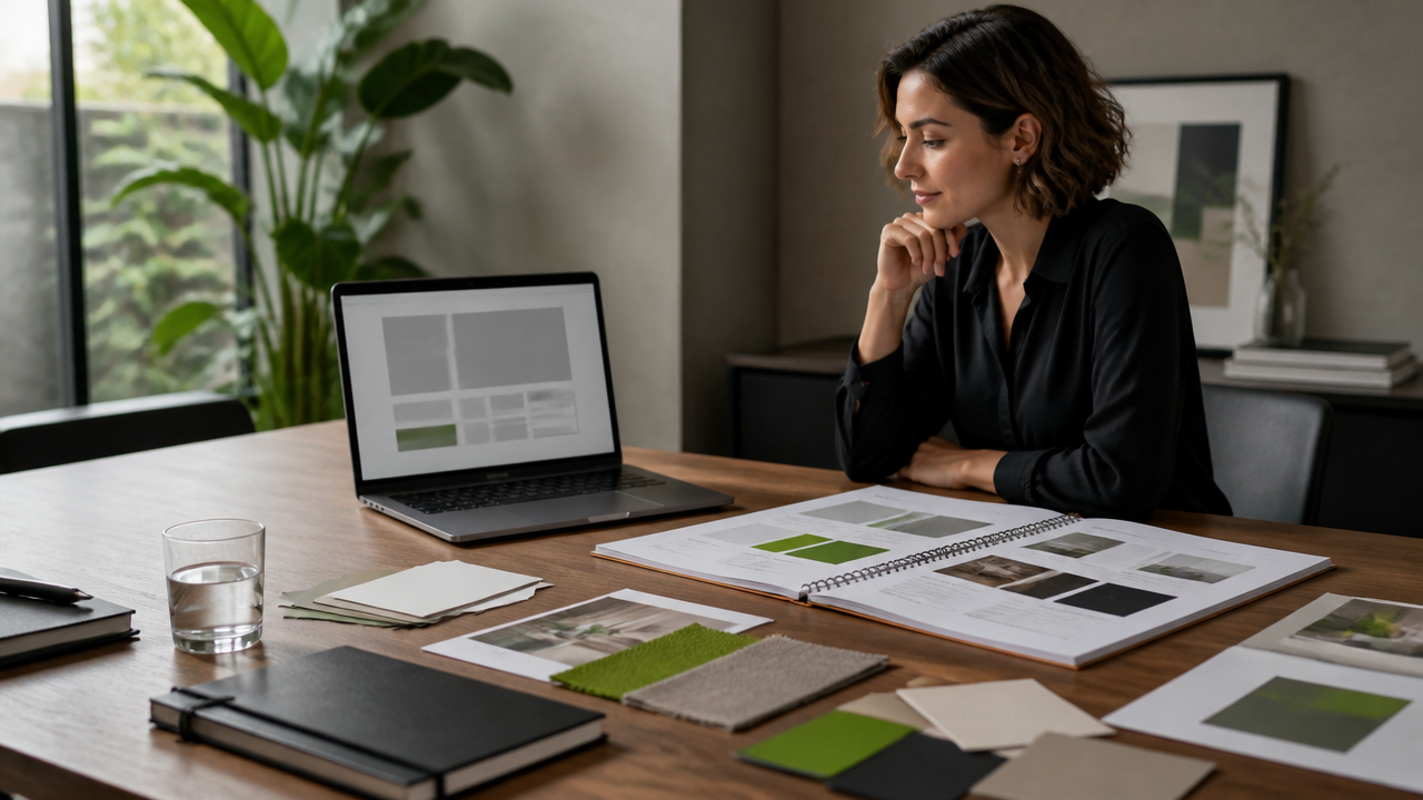 Empreendedora analisando materiais de branding, identidade visual e página de vendas em uma mesa de trabalho.