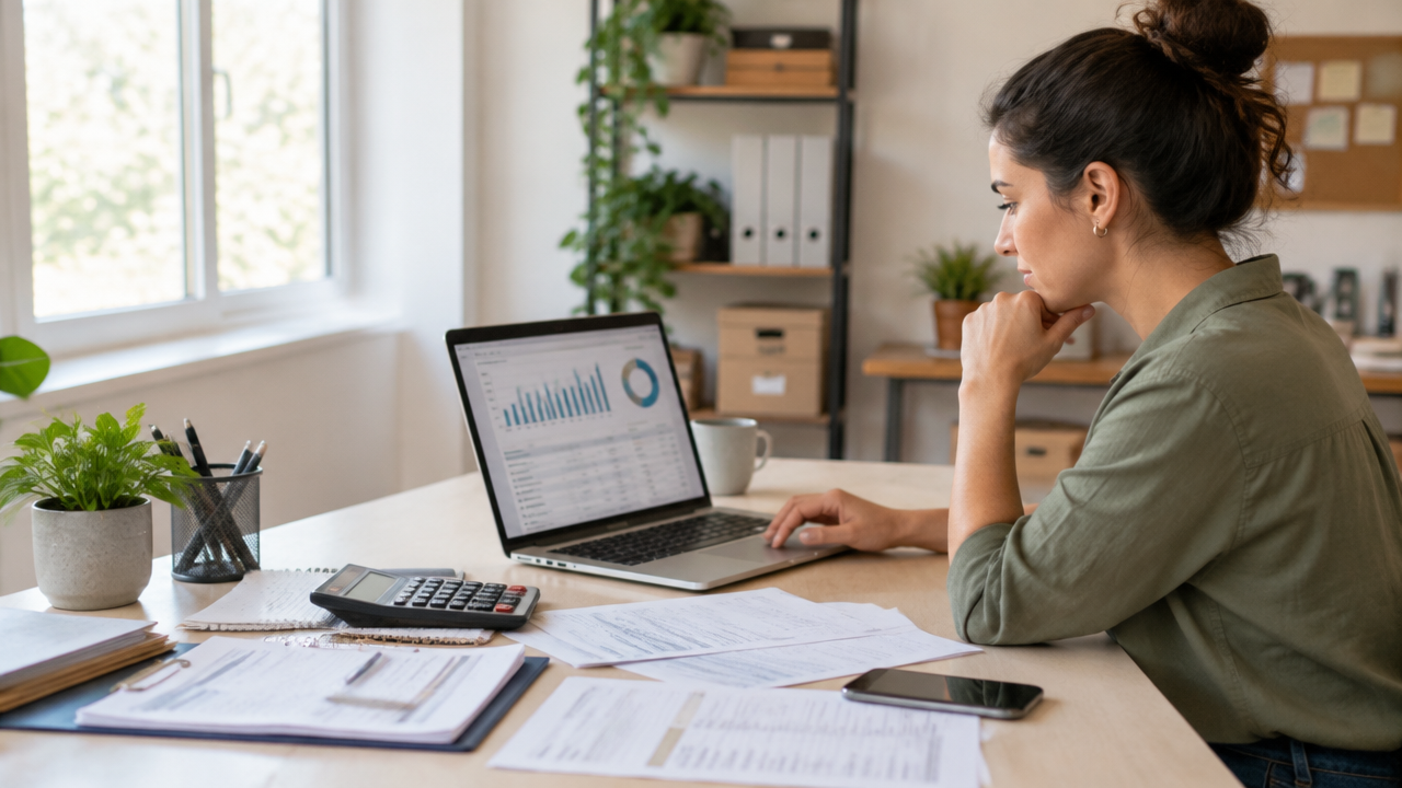 Empreendedora analisando um extrato bancário impresso ao lado de um notebook em seu escritório