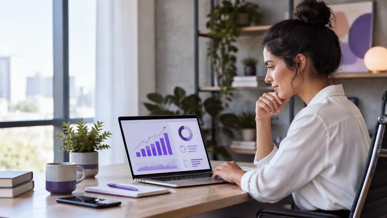 Empreendedora avaliando orçamento de anúncios e métricas de retorno em um painel digital