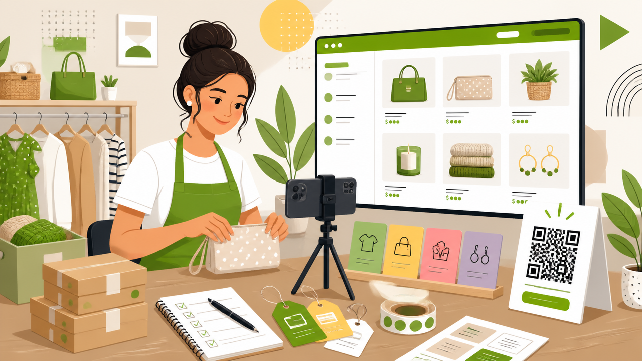 Empreendedora cadastrando produtos, organizando categorias e divulgando o catálogo com QR Code