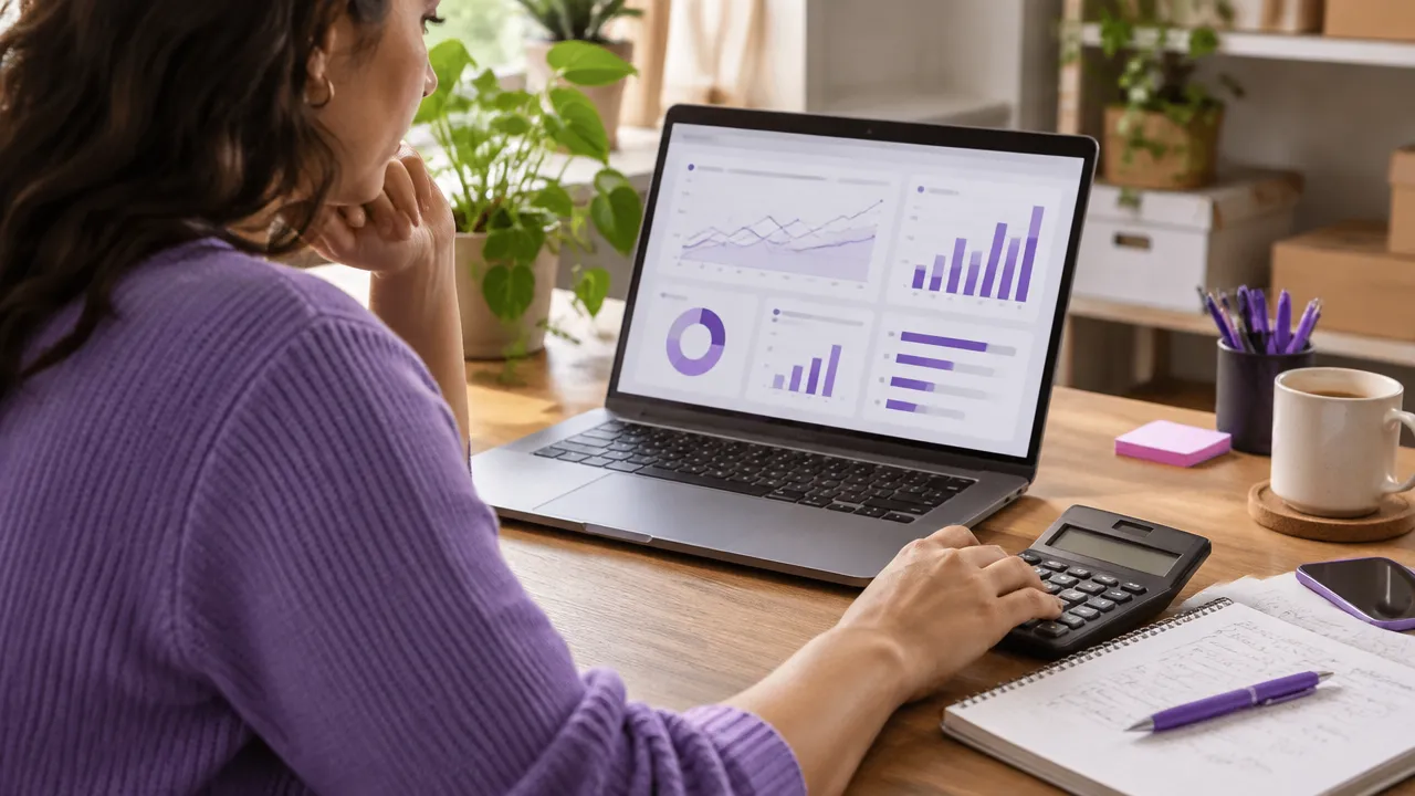 Empreendedora calculando o orçamento de anúncios e comparando gastos com resultados