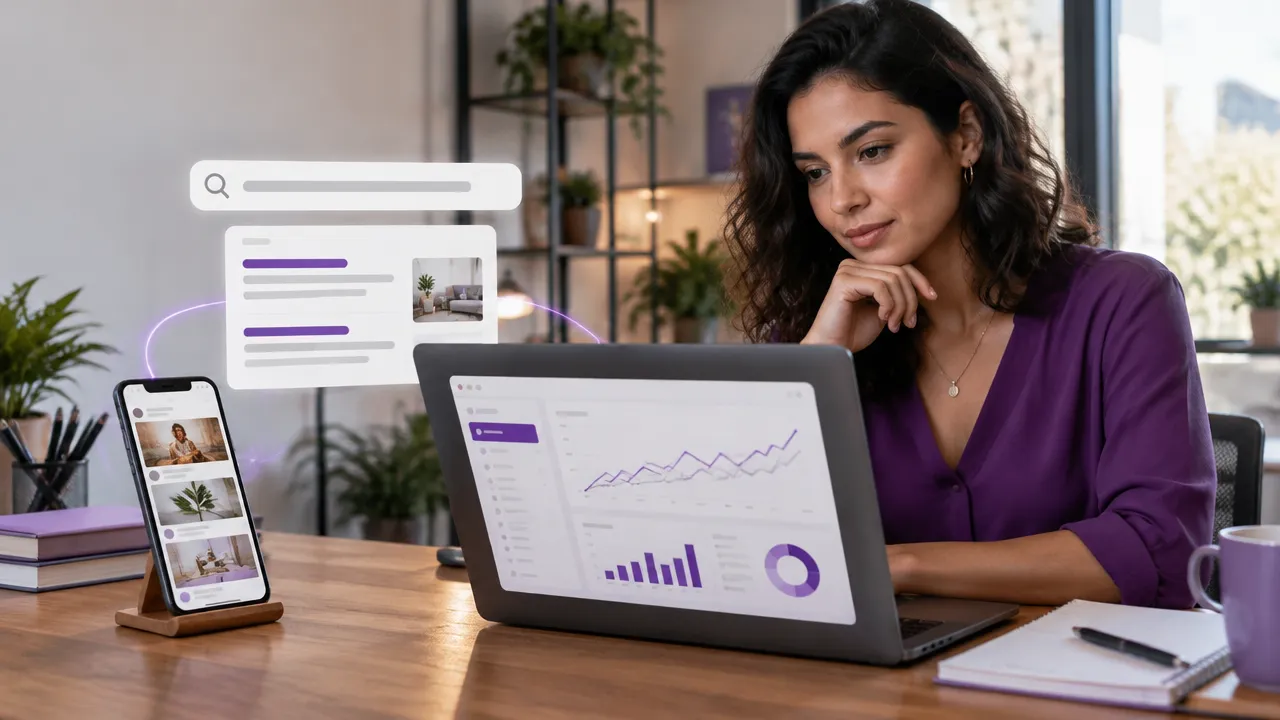Empreendedora compara no notebook e no celular diferentes canais para anunciar seu negócio