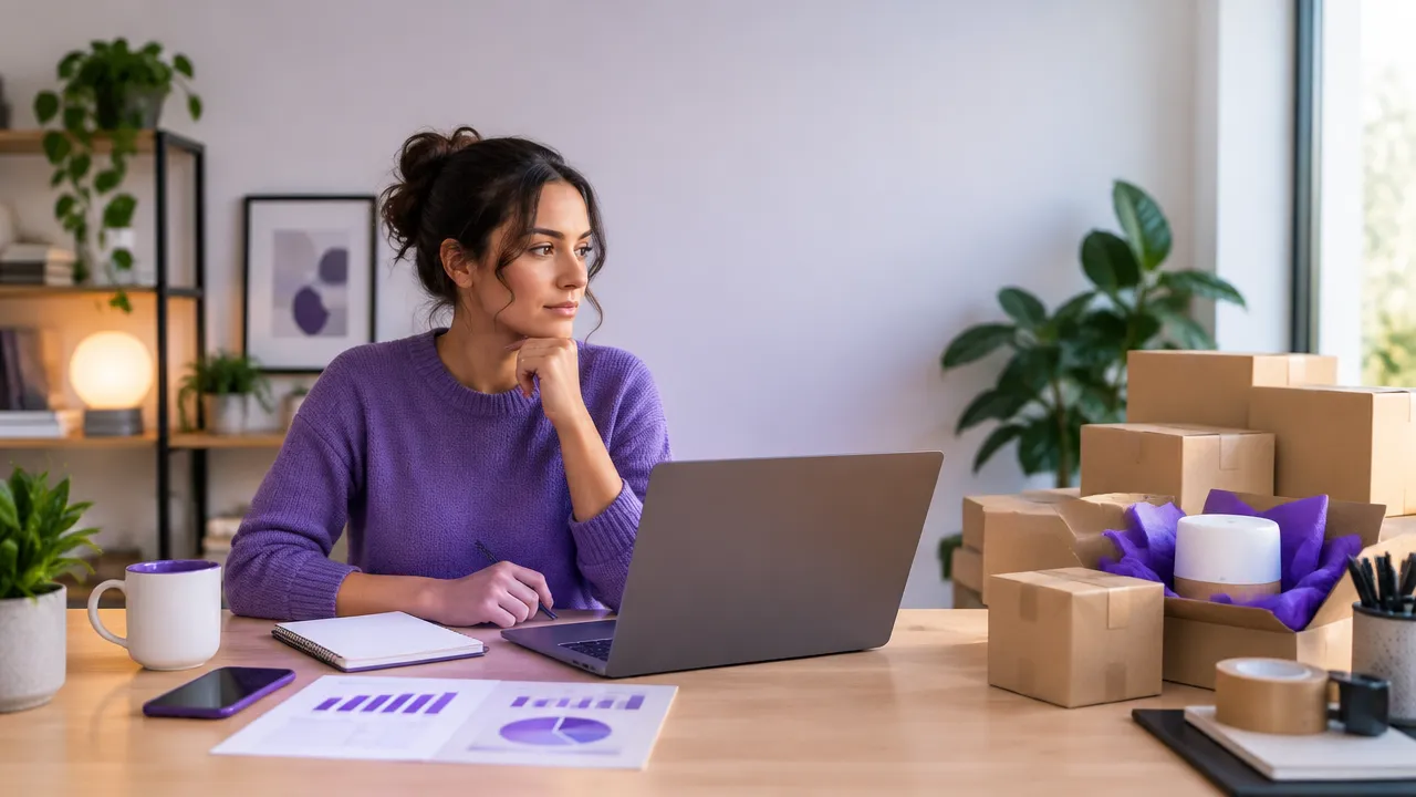 Empreendedora comparando em seu escritório a criação de conteúdo de afiliados e a operação de uma loja de dropshipping