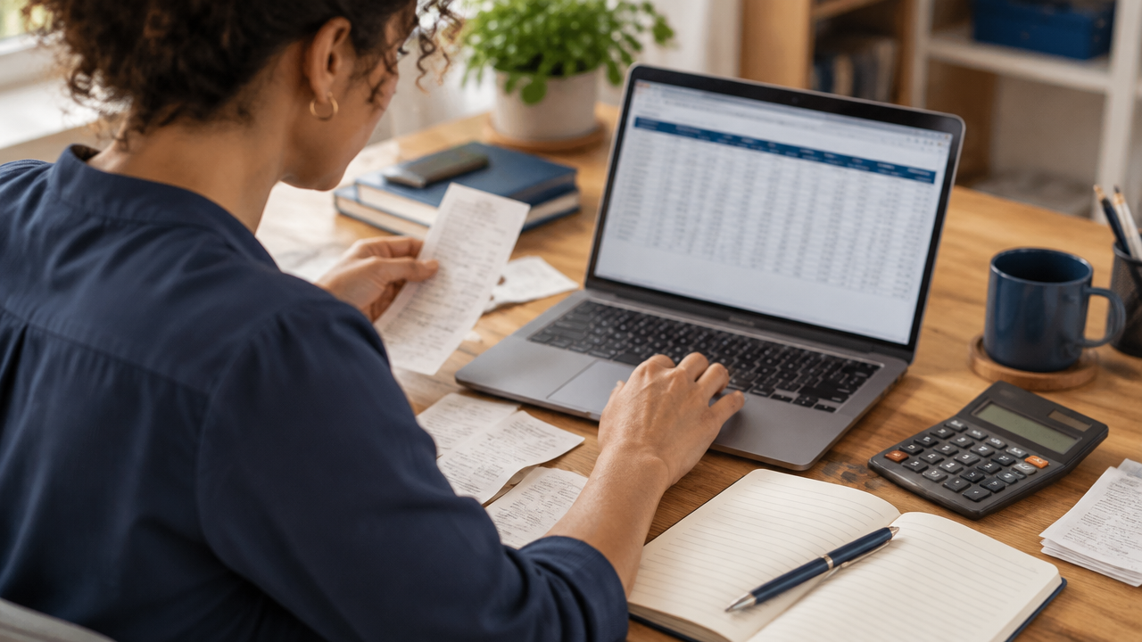 Empreendedora confere despesas e fluxo de caixa em um notebook para planejar os custos do trabalho como PJ