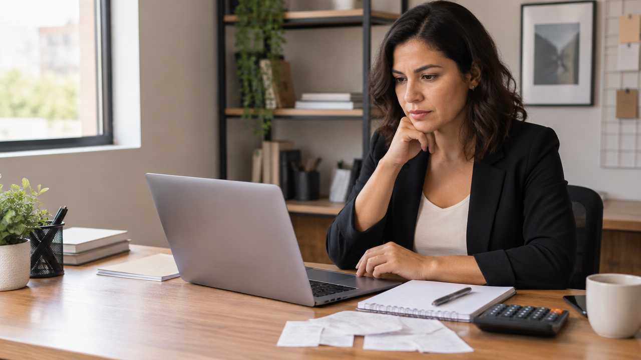 Empreendedora de pequena empresa analisando um relatório de resultados no notebook