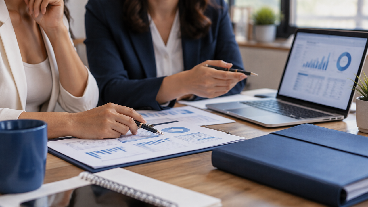 Empreendedora e consultora organizam documentos e dados para iniciar a terceirização financeira