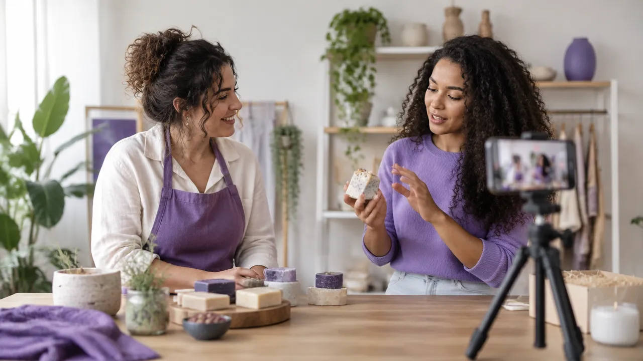 Empreendedora e criadora de conteúdo colaboram na gravação de uma demonstração de produto para uma campanha de influência.