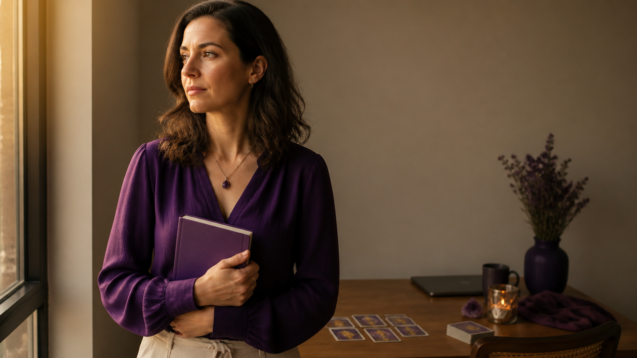 Empreendedora em pausa reflexiva no home office com baralho de tarot ao fundo
