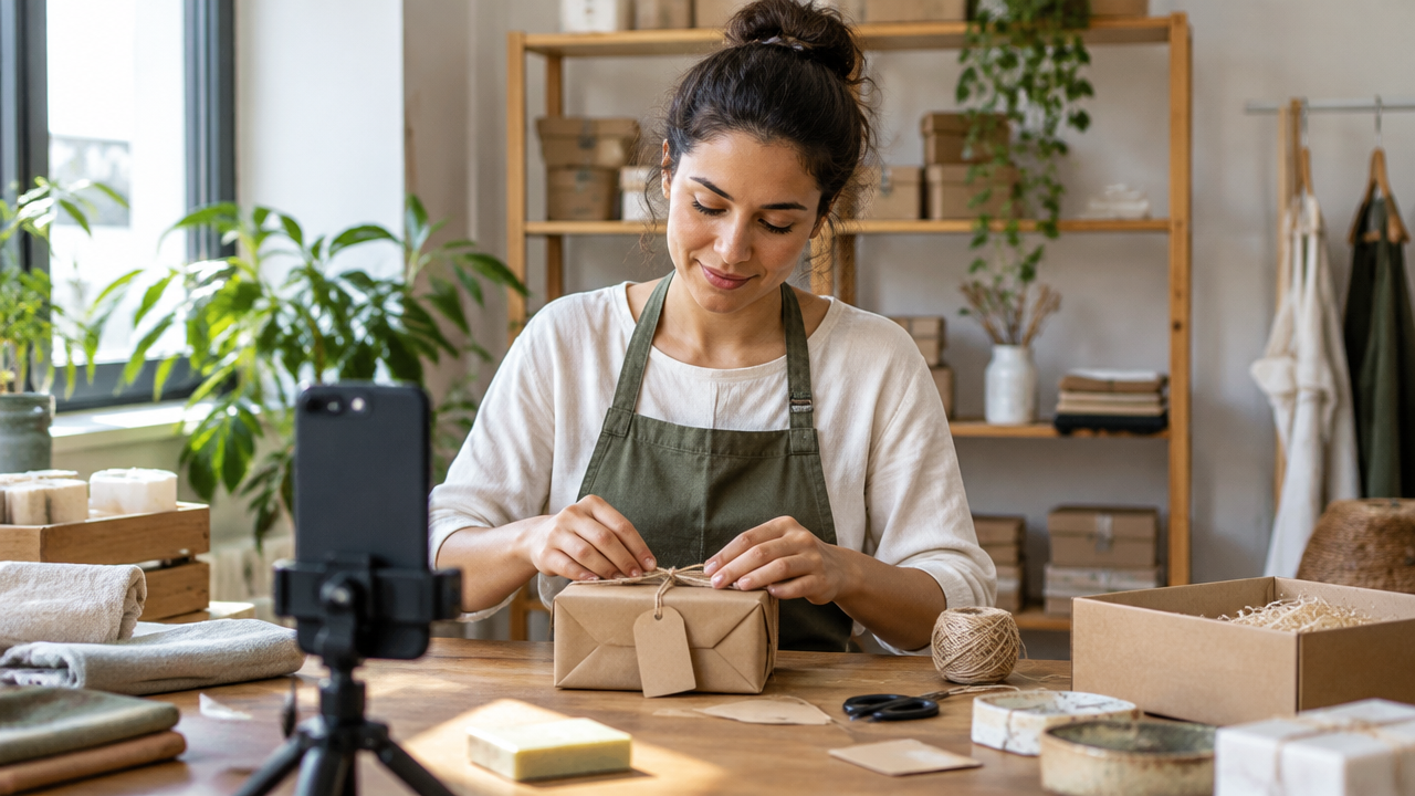 Entrepreneur packs a product while a phone records complementary scenes for a short video