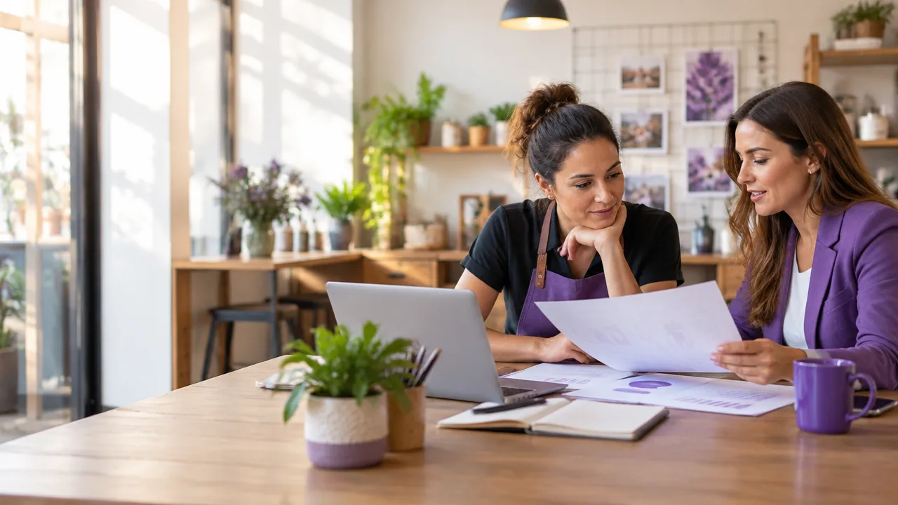 Empreendedora local conversa com consultora sobre um plano de publicidade