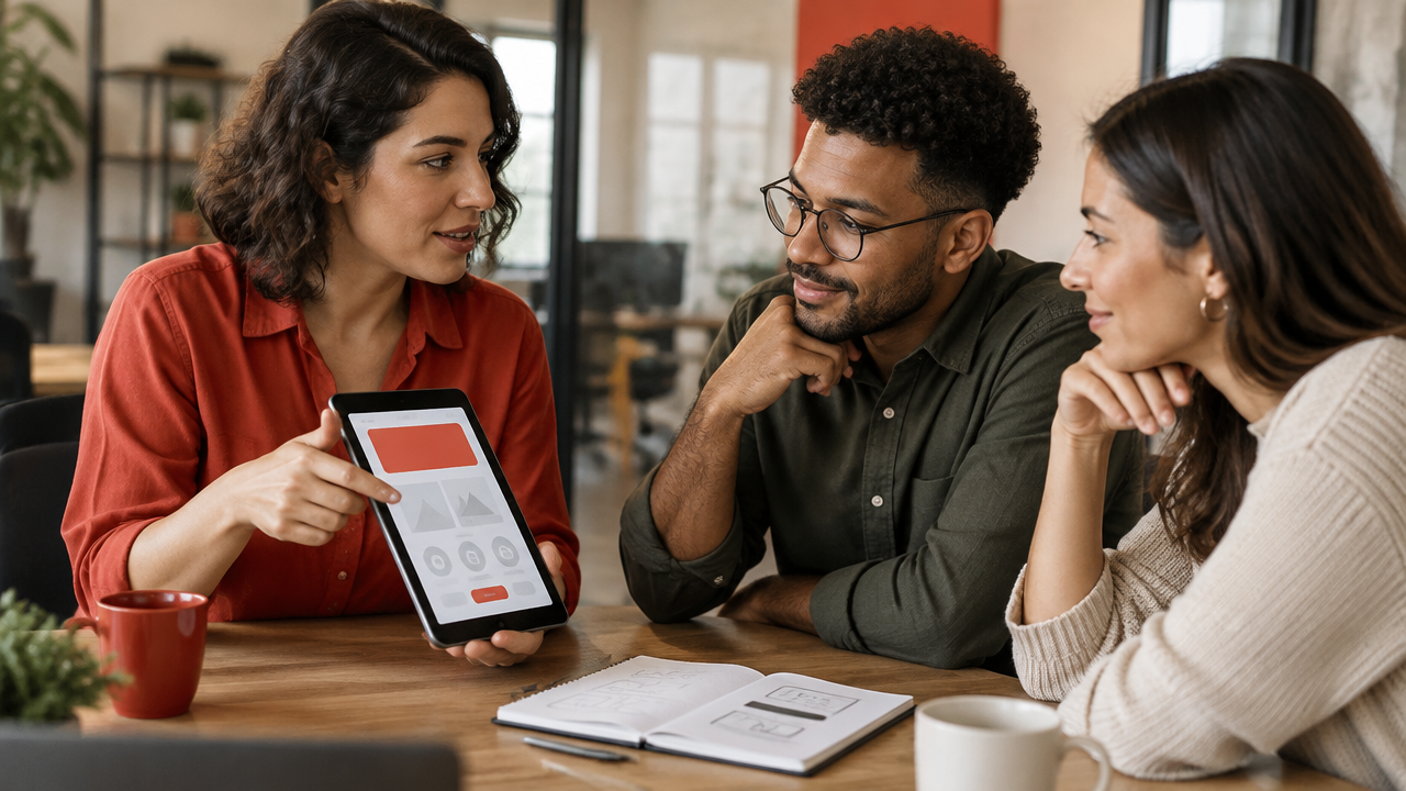 Empreendedora observa potenciais clientes testando um protótipo simples de aplicativo durante uma conversa de validação.