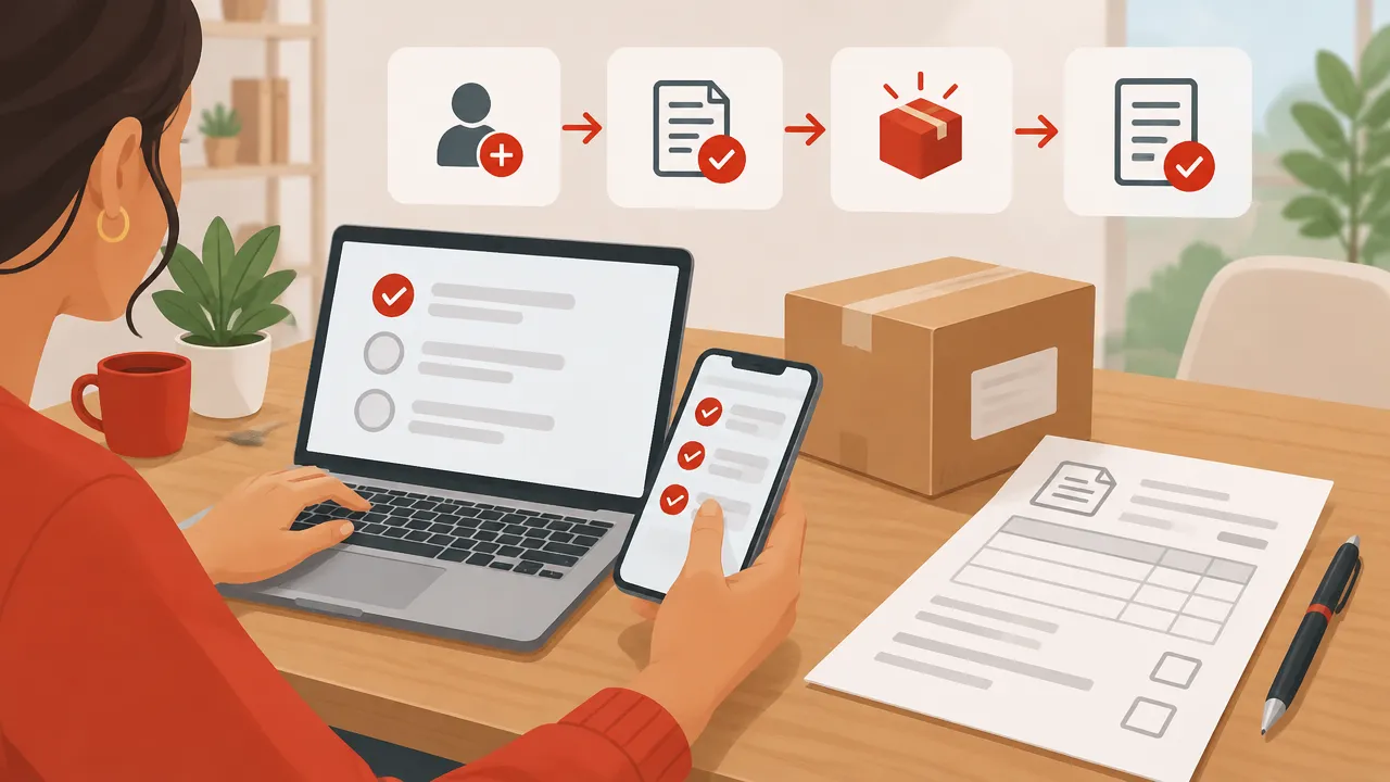 Empreendedora organizando cadastro, produto e formulário antes da primeira nota fiscal