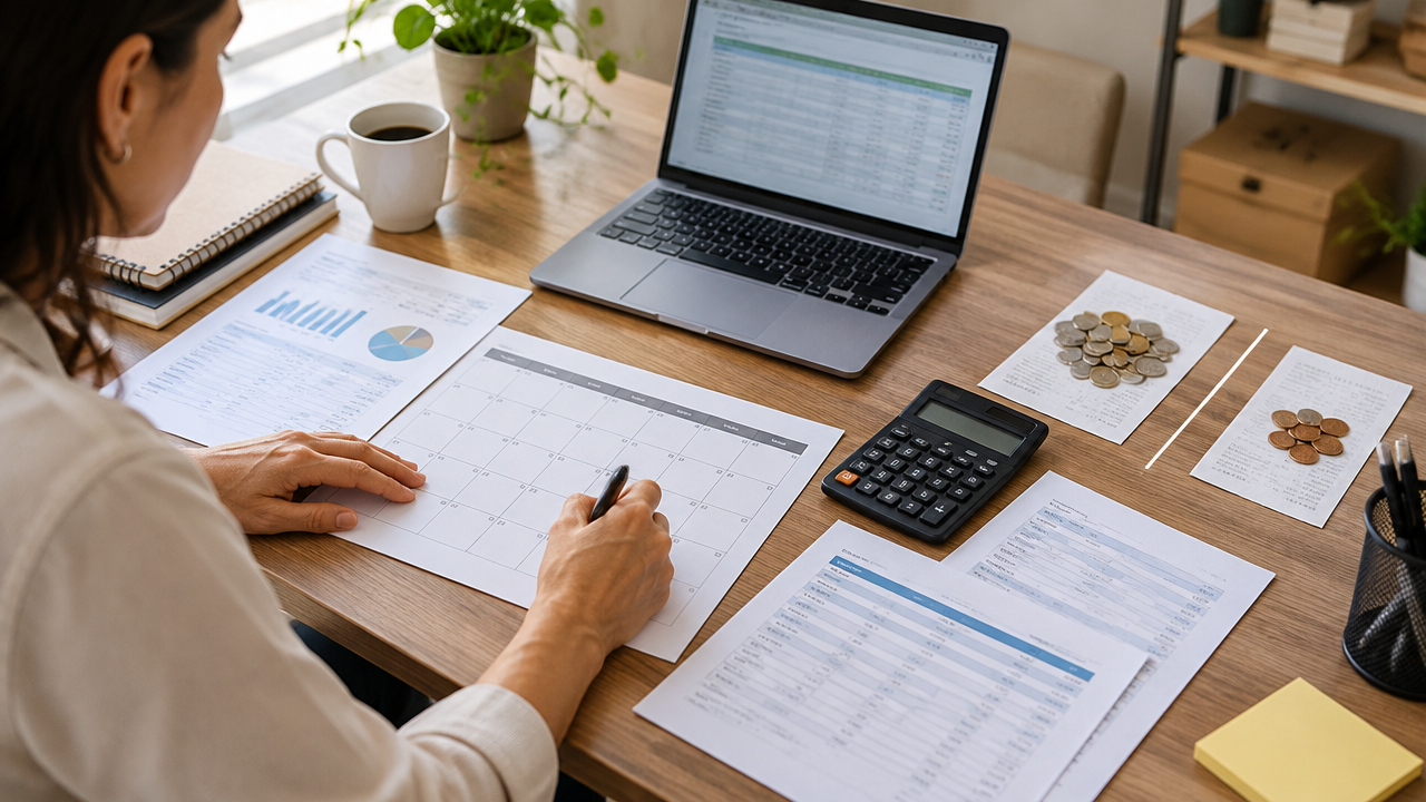 Empreendedora organizando calendário, extratos e valores separados para planejar o caixa durante a implantação do split payment