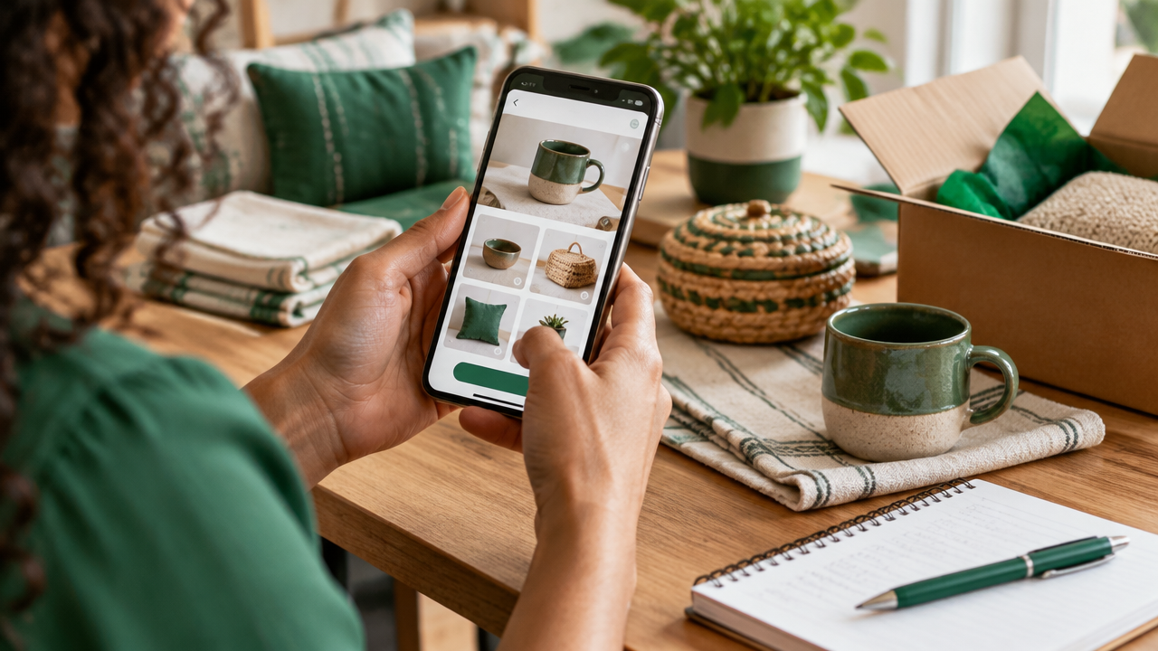 Empreendedora organizando produtos e usando o celular para montar um catálogo digital