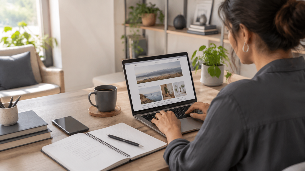Empreendedora planeja o lançamento de um blog profissional em um notebook no home office