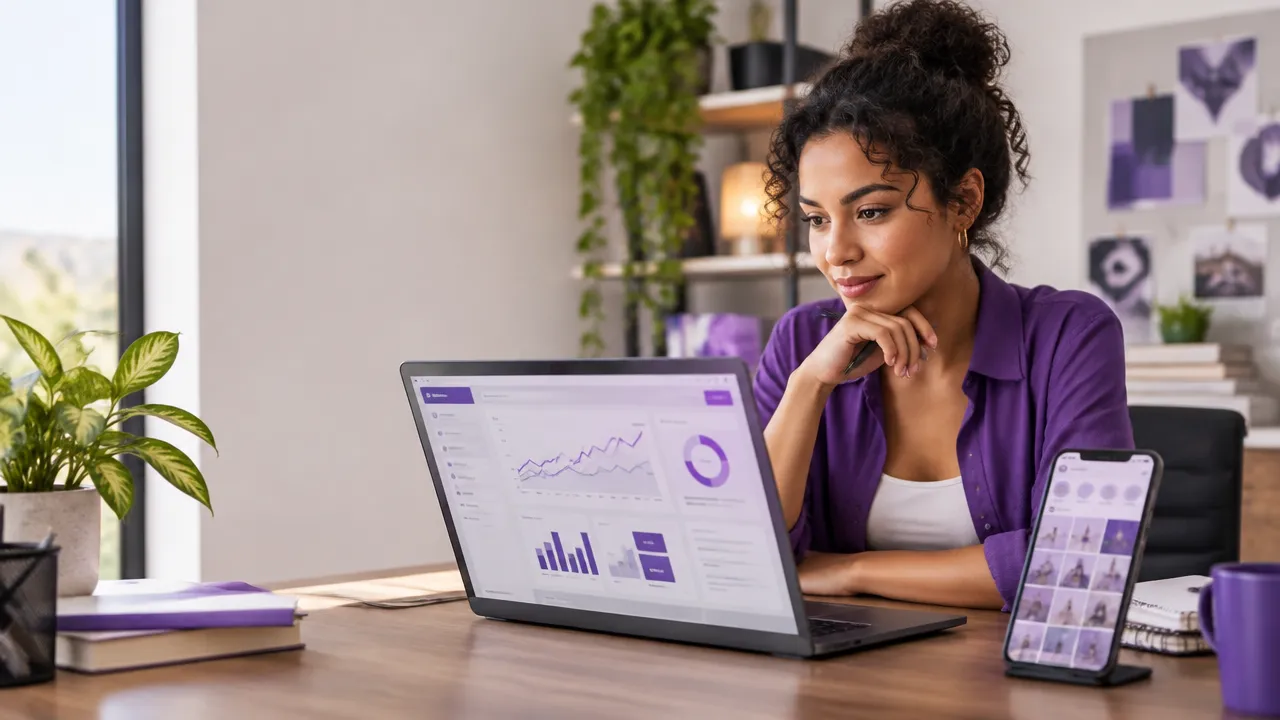 Empreendedora planejando anúncios pagos em redes sociais diante de um laptop e celular