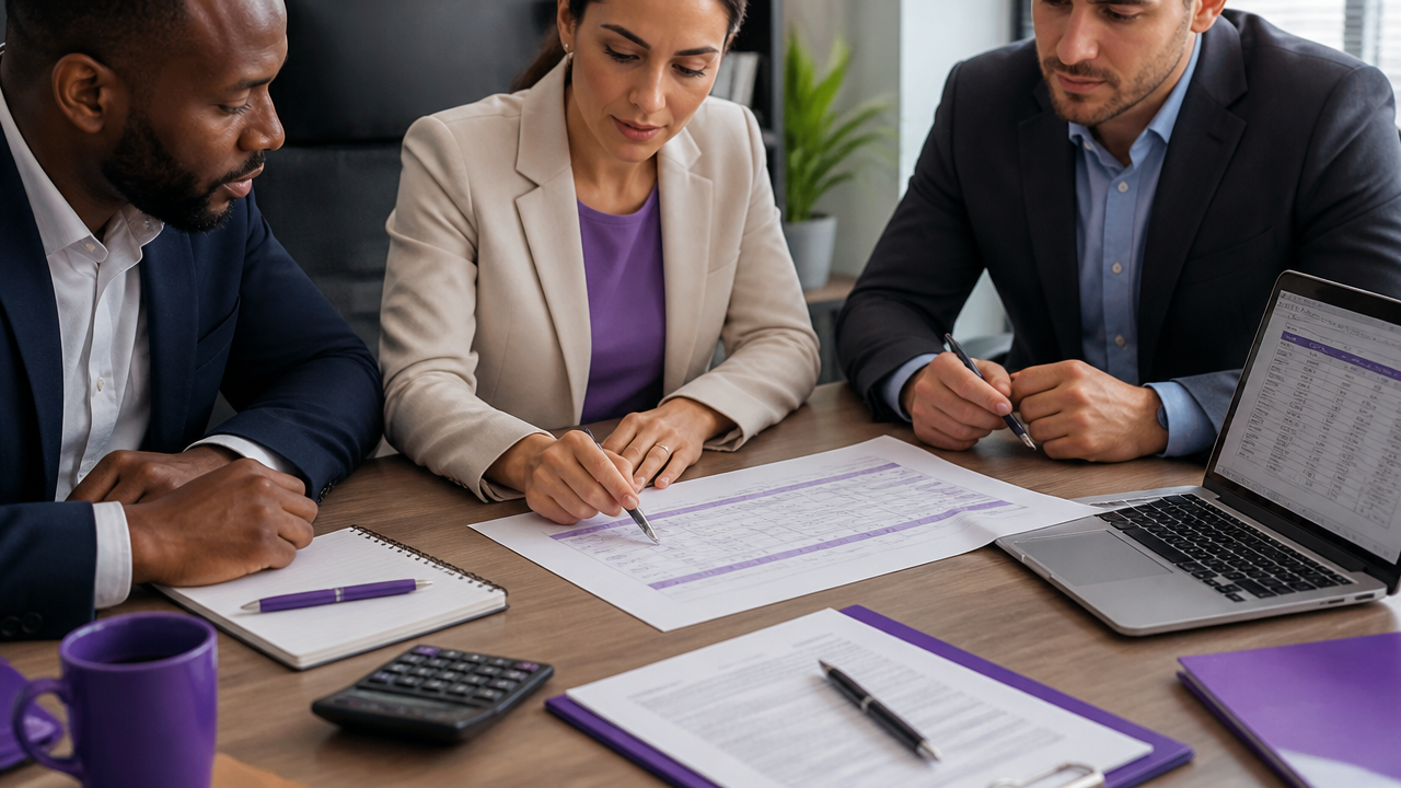 Empreendedores e contadora comparando opções de sociedade e revisando cláusulas de um contrato social.