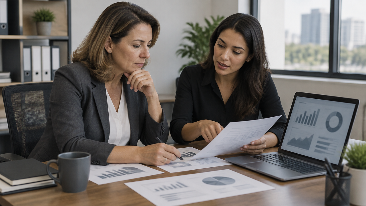 Empresária acompanha relatórios financeiros e indicadores com uma profissional em reunião de gestão