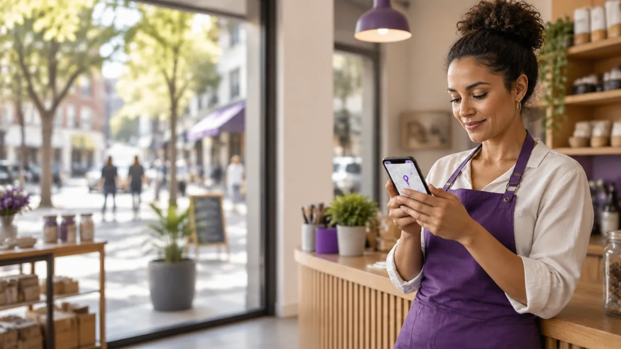 Empresária de uma loja de bairro consulta o celular enquanto clientes circulam na rua, representando a busca por clientes locais