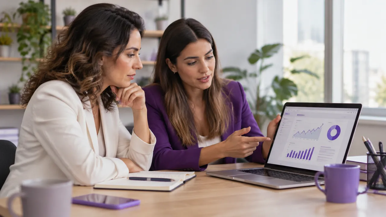 Empresária e consultora analisando uma proposta de gestão de anúncios em um laptop