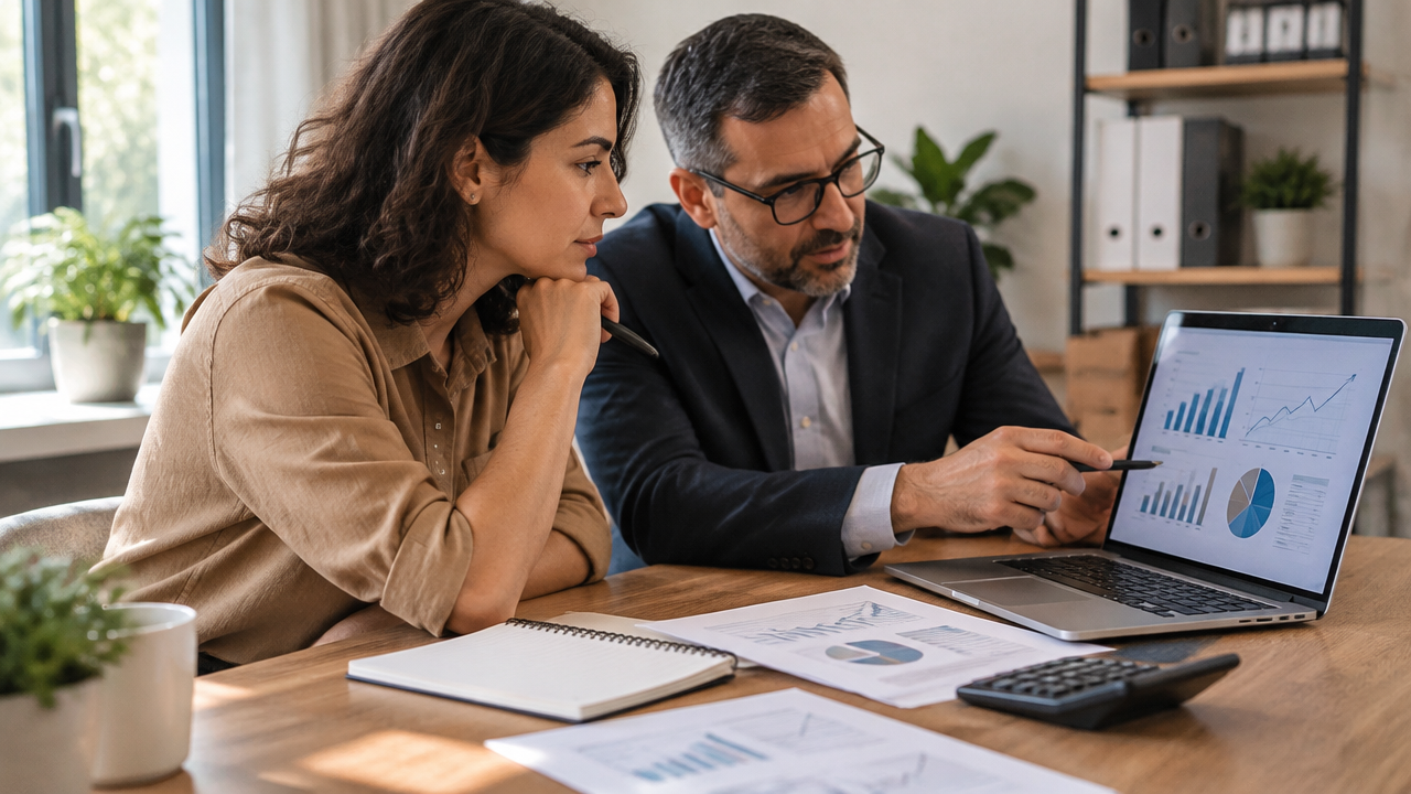 Empresária e contador analisando juntos os resultados financeiros da empresa