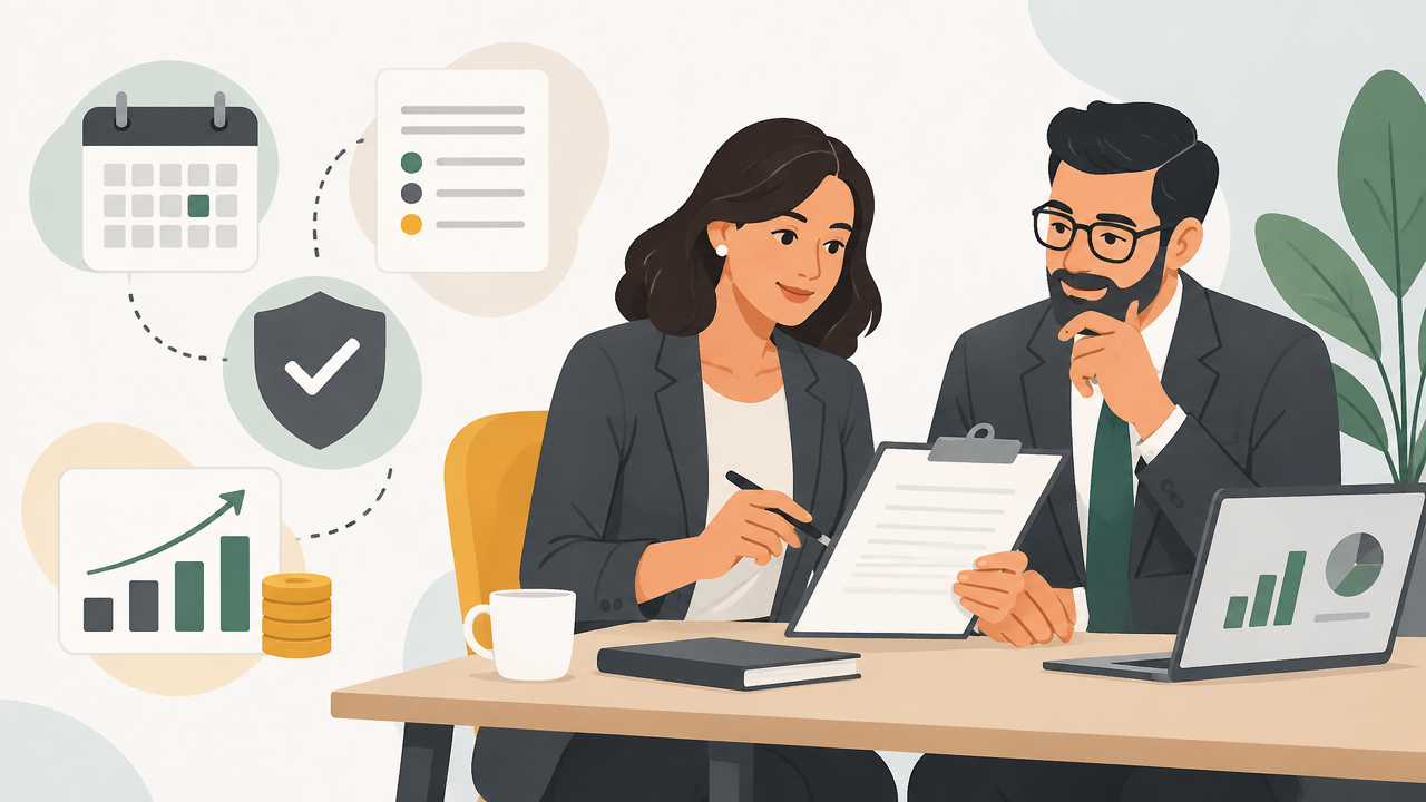 Empresária e especialista financeiro analisam um contrato e indicadores em uma mesa de trabalho