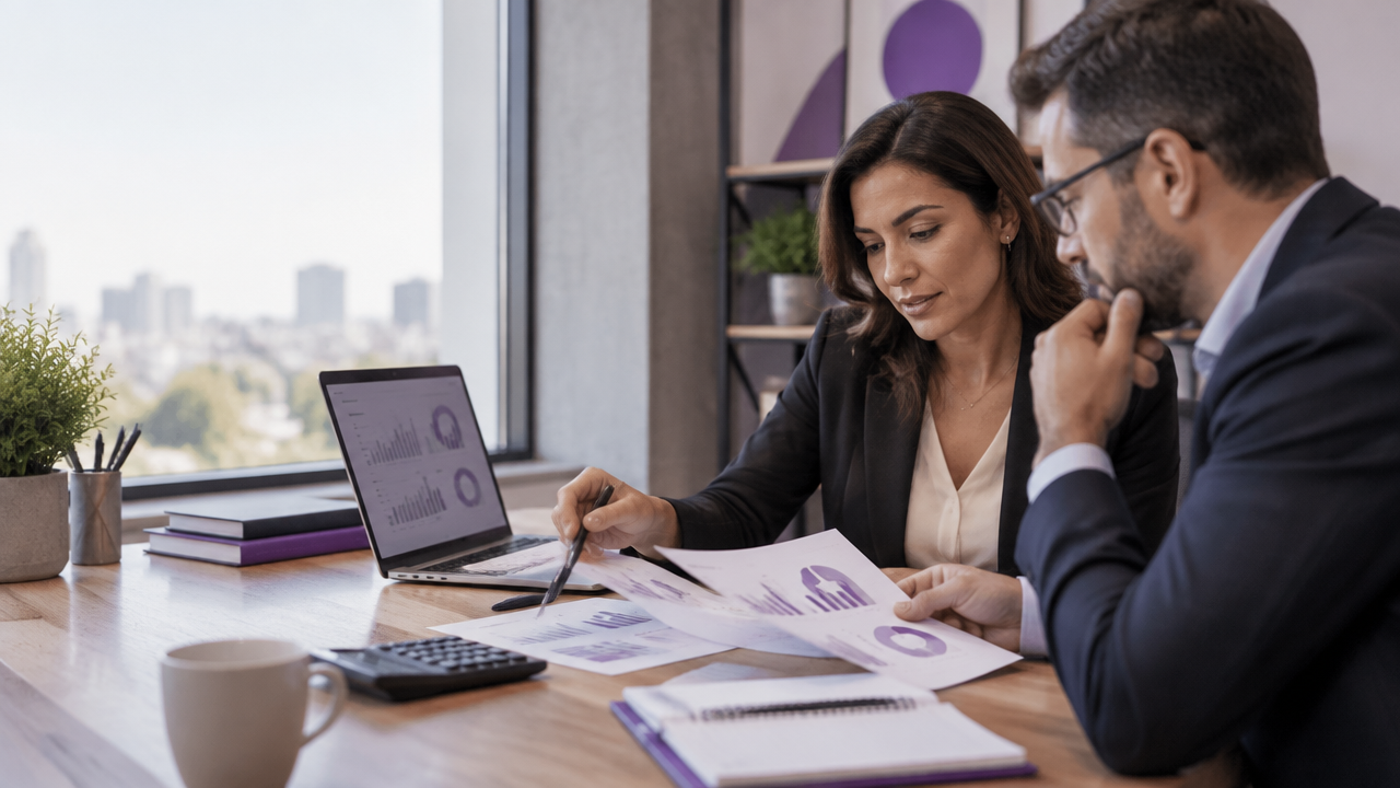 Empresária e profissional financeira analisam relatórios e organizam a gestão financeira da empresa
