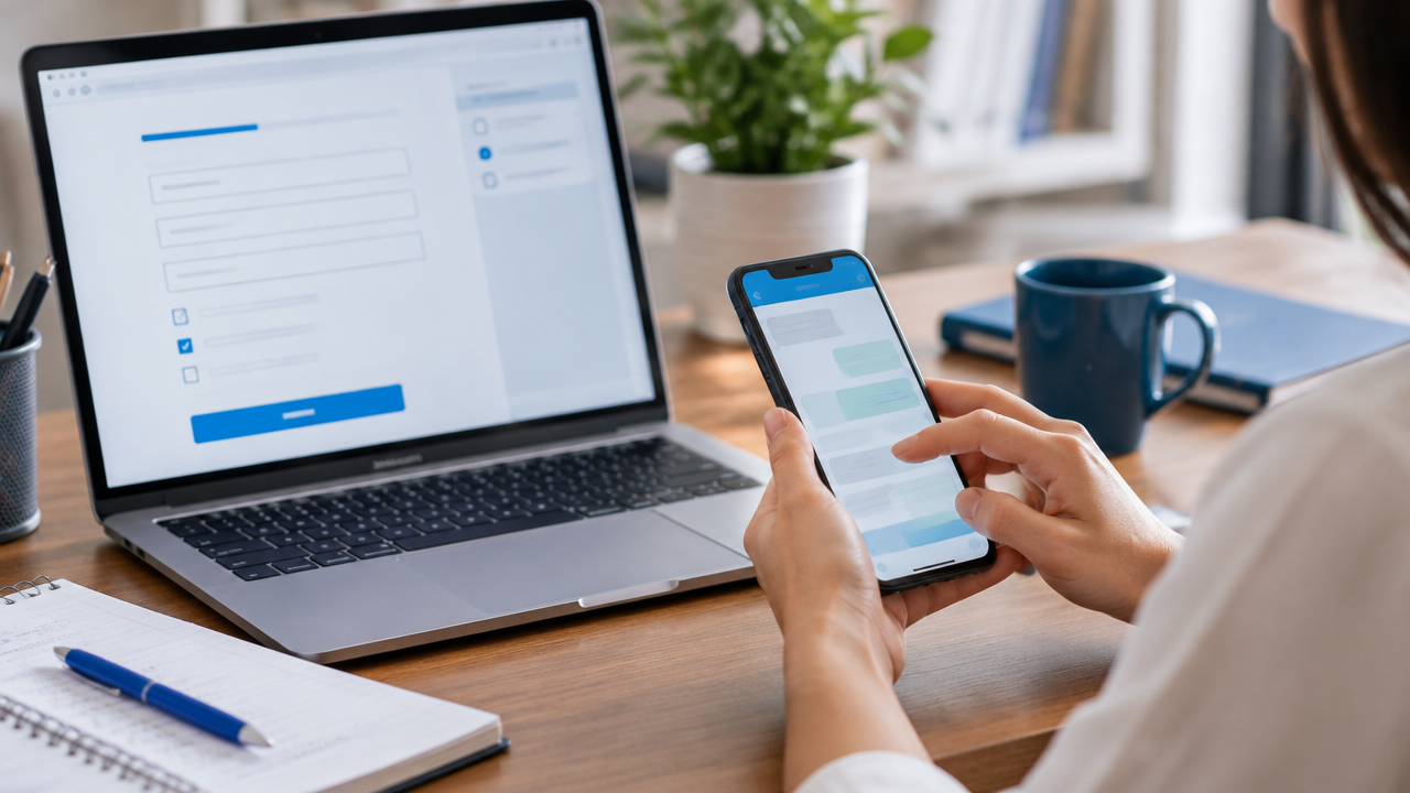Empresária organizando respostas de clientes em um formulário online conectado ao atendimento pelo WhatsApp