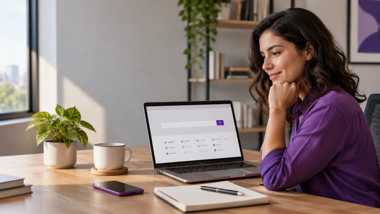 Empresária verificando em um notebook a disponibilidade de um domínio para sua empresa