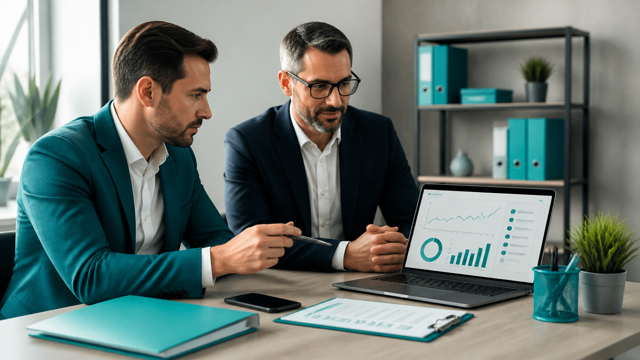 Empresário acompanhando indicadores financeiros com especialista em BPO ao lado.
