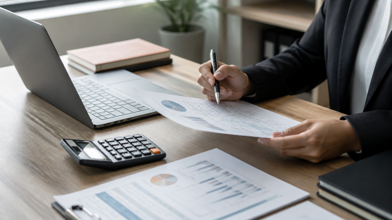 Empresário analisando cálculos de pró-labore, INSS e impostos em uma mesa de trabalho.