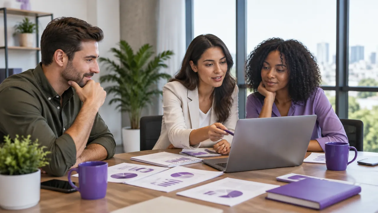 Empresário avaliando com consultores uma estratégia de marketing e conteúdo para seu blog