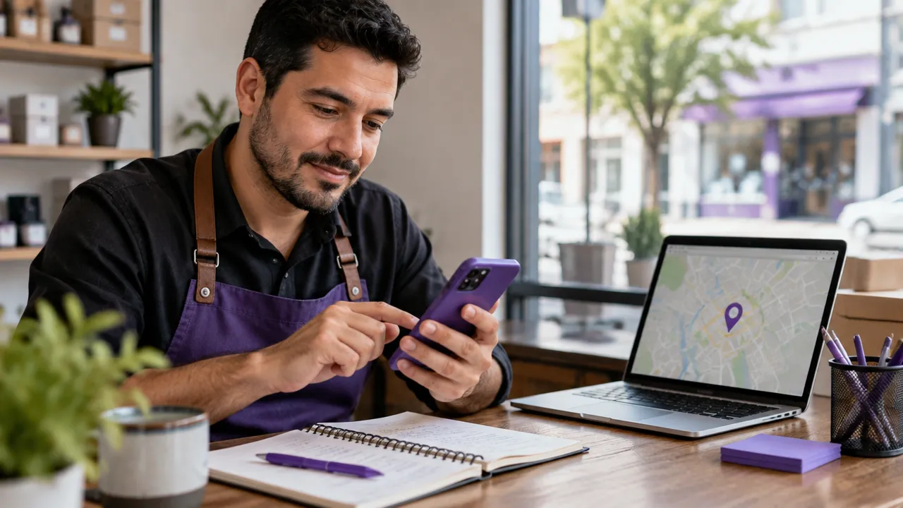 Empresário confere as informações da loja no celular ao lado de um mapa digital genérico