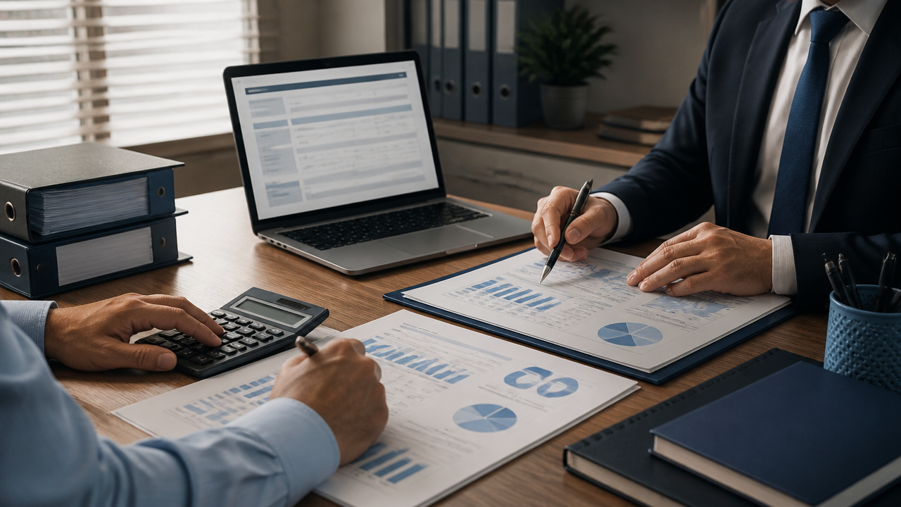 Empresário e consultor analisando documentos fiscais e consulta de débitos em escritório.