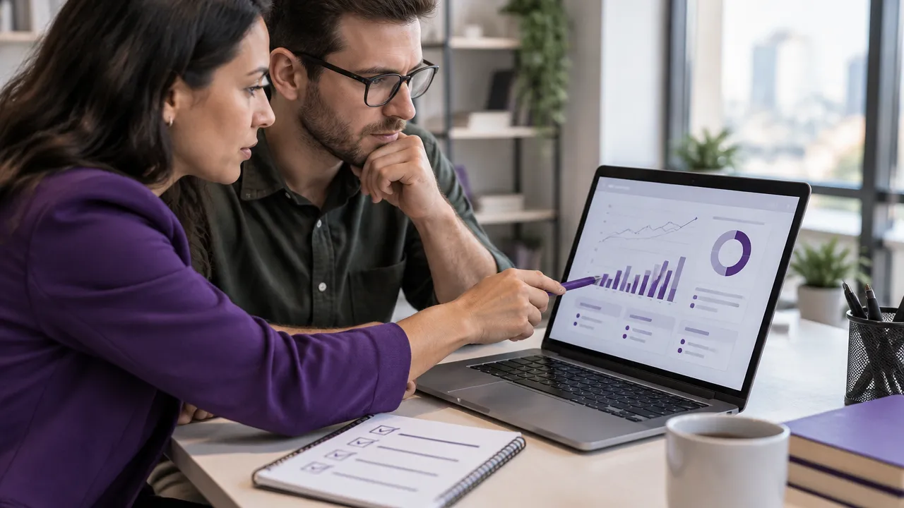 Empresário e consultora analisando indicadores e relatório de desempenho de um blog
