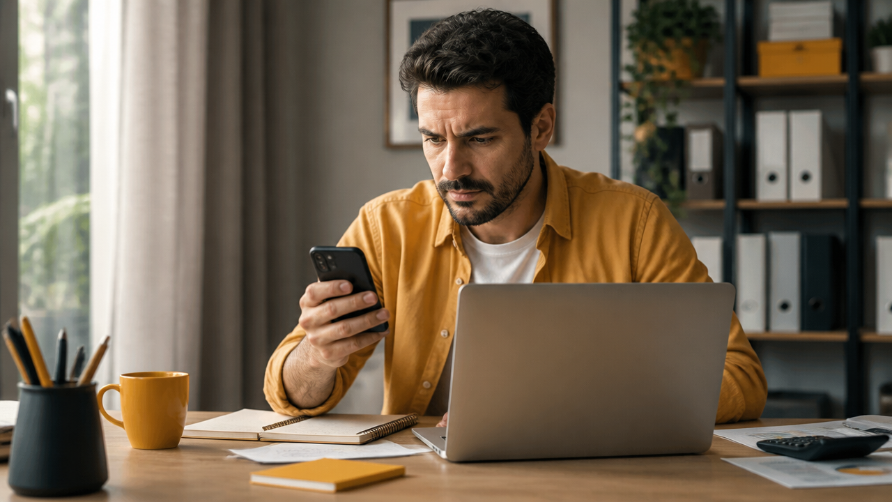 Empresário em escritório olhando notebook e celular após a desativação de uma página comercial nas redes sociais