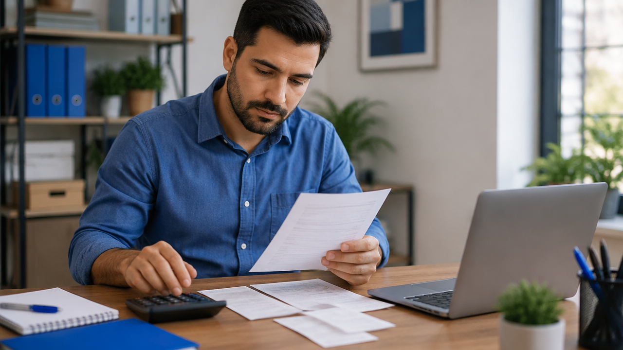Empresário revisa planilha, calculadora e documentos para comparar custos financeiros