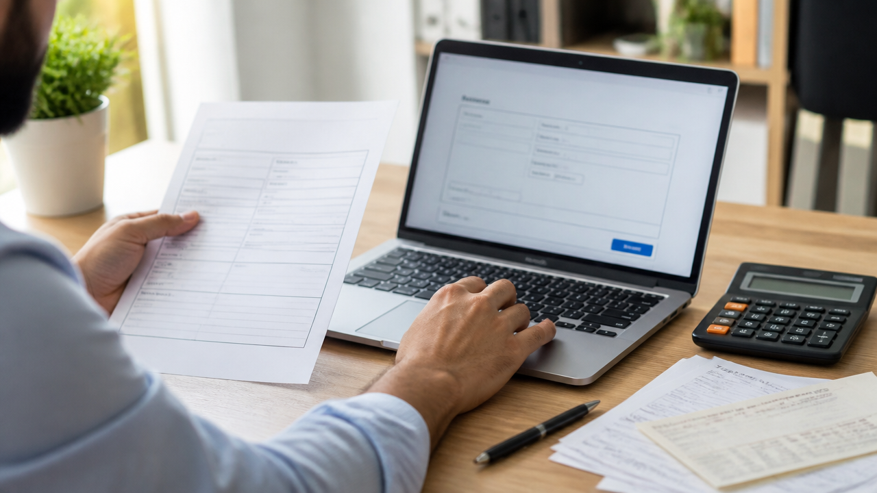 Empresário revisando recibo de pró-labore e emissão online em notebook no escritório