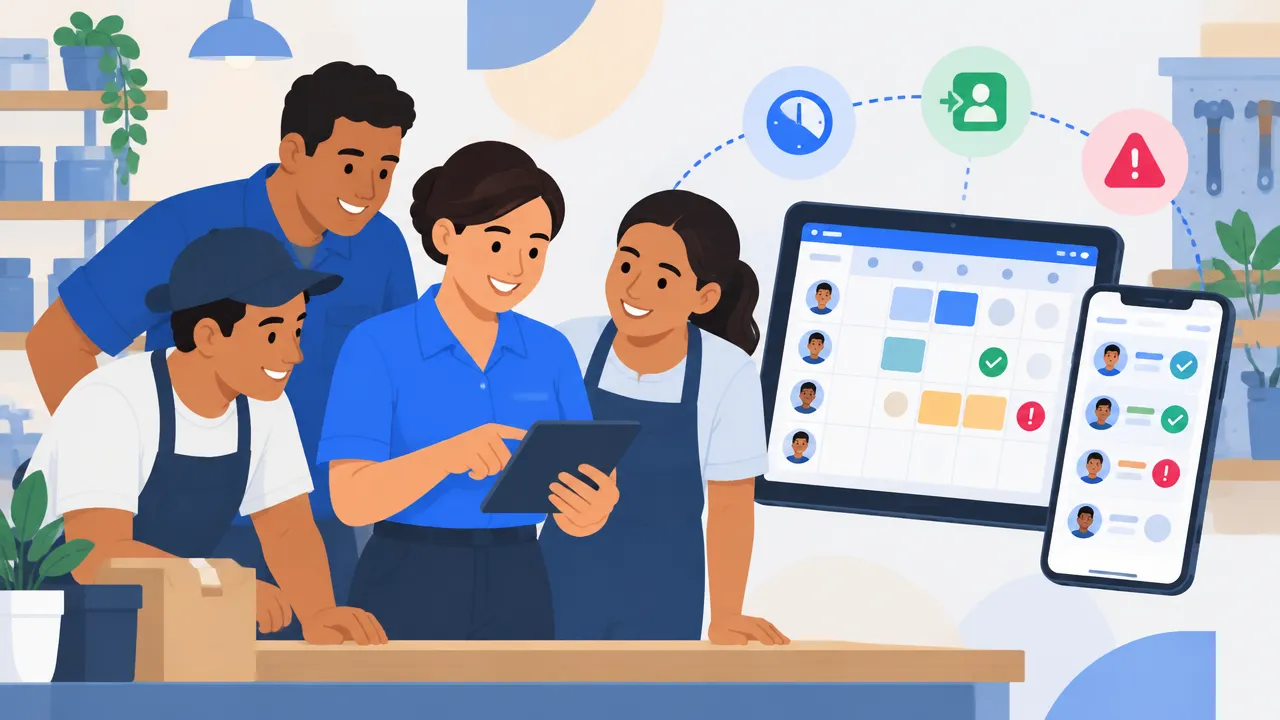 Encargada y trabajadores de una pequeña empresa prueban juntos un sistema digital para organizar turnos y revisar marcaciones